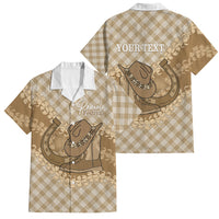 Makue Hawaii Cowboy Palaka Motifs Personalised Family Matching Off Shoulder Maxi Dress and Hawaiian Shirt Paniolo Festival Puakenikeni Lei LT14 Dad's Shirt - Short Sleeve Brown - Polynesian Pride