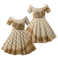 Makue Hawaii Cowboy Palaka Motifs Personalised Family Matching Off Shoulder Maxi Dress and Hawaiian Shirt Paniolo Festival Puakenikeni Lei LT14 Daughter's Dress Brown - Polynesian Pride