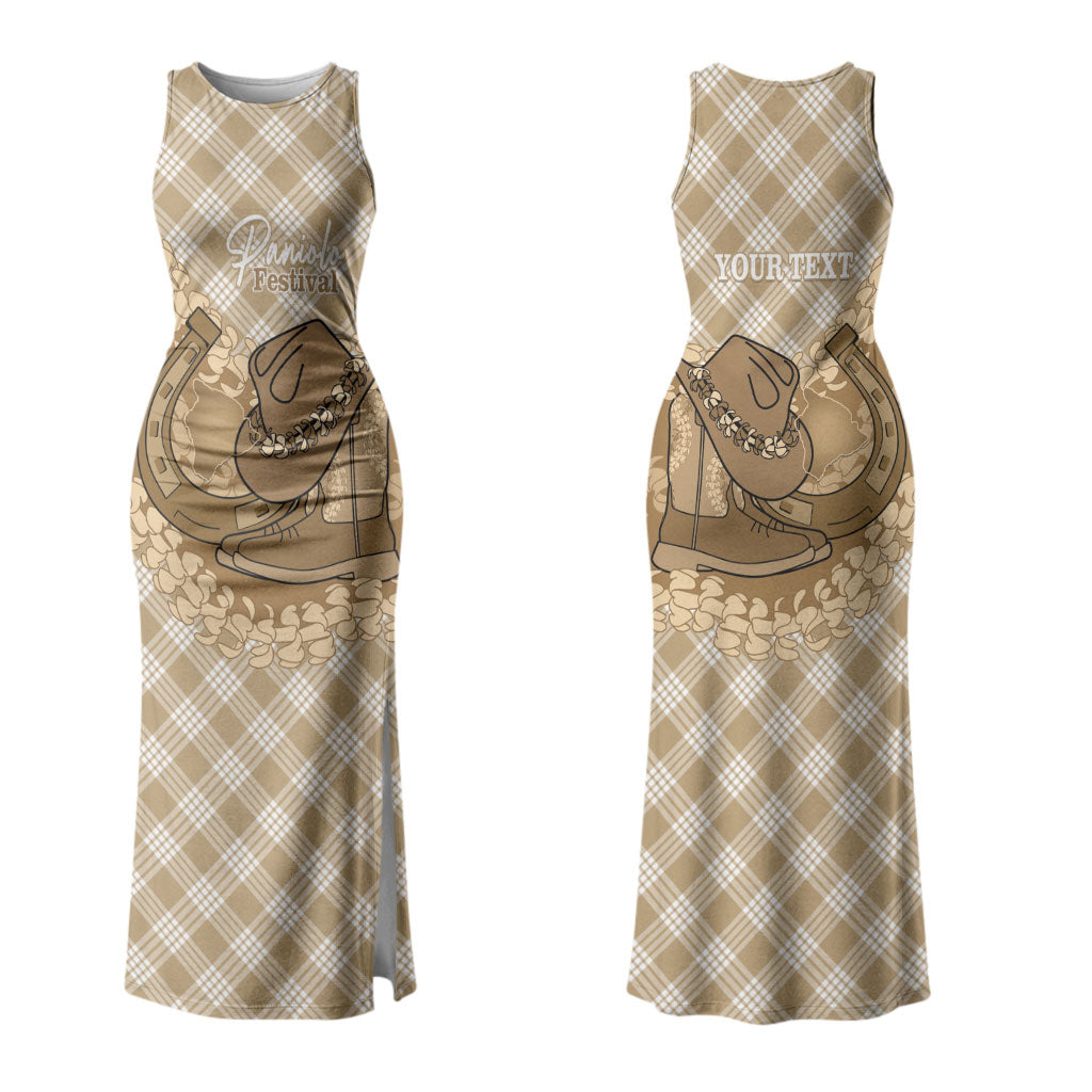 Makue Hawaii Cowboy Palaka Motifs Personalised Family Matching Tank Maxi Dress and Hawaiian Shirt Paniolo Festival Puakenikeni Lei LT14 Mom's Dress Brown - Polynesian Pride