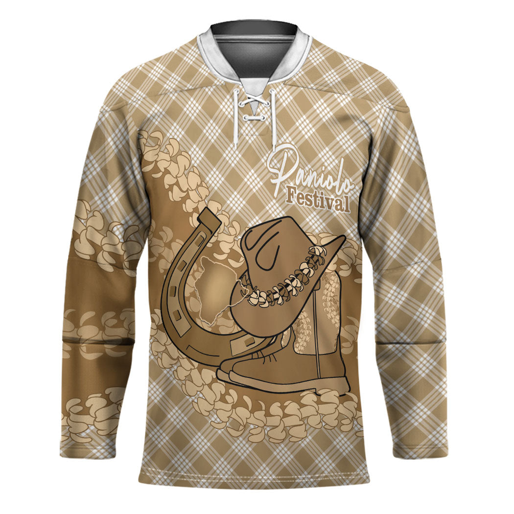 Makue Hawaii Cowboy Palaka Motifs Personalised Hockey Jersey Paniolo Festival Puakenikeni Lei LT14 Unisex Brown - Polynesian Pride