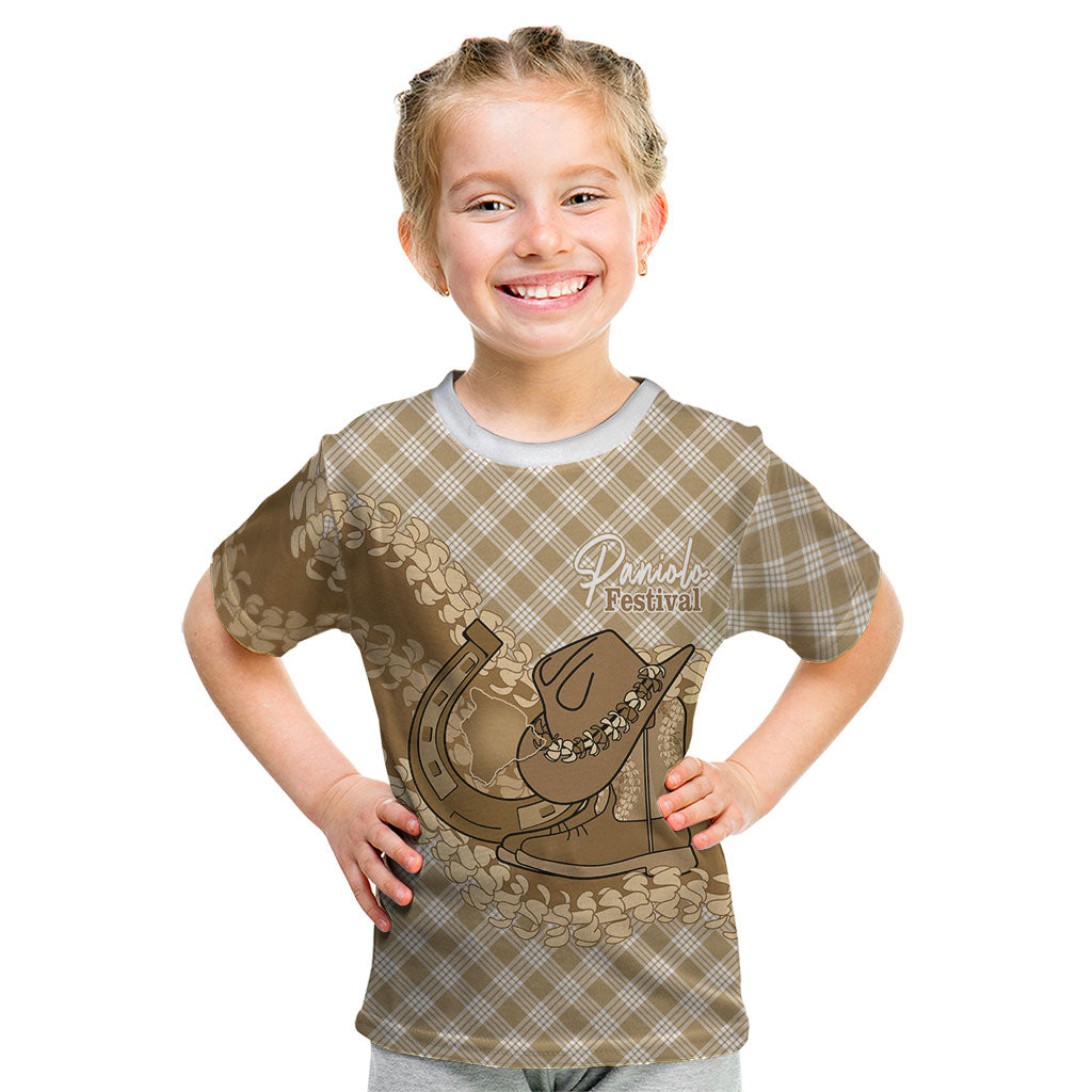 Makue Hawaii Cowboy Palaka Motifs Personalised Kid T Shirt Paniolo Festival Puakenikeni Lei