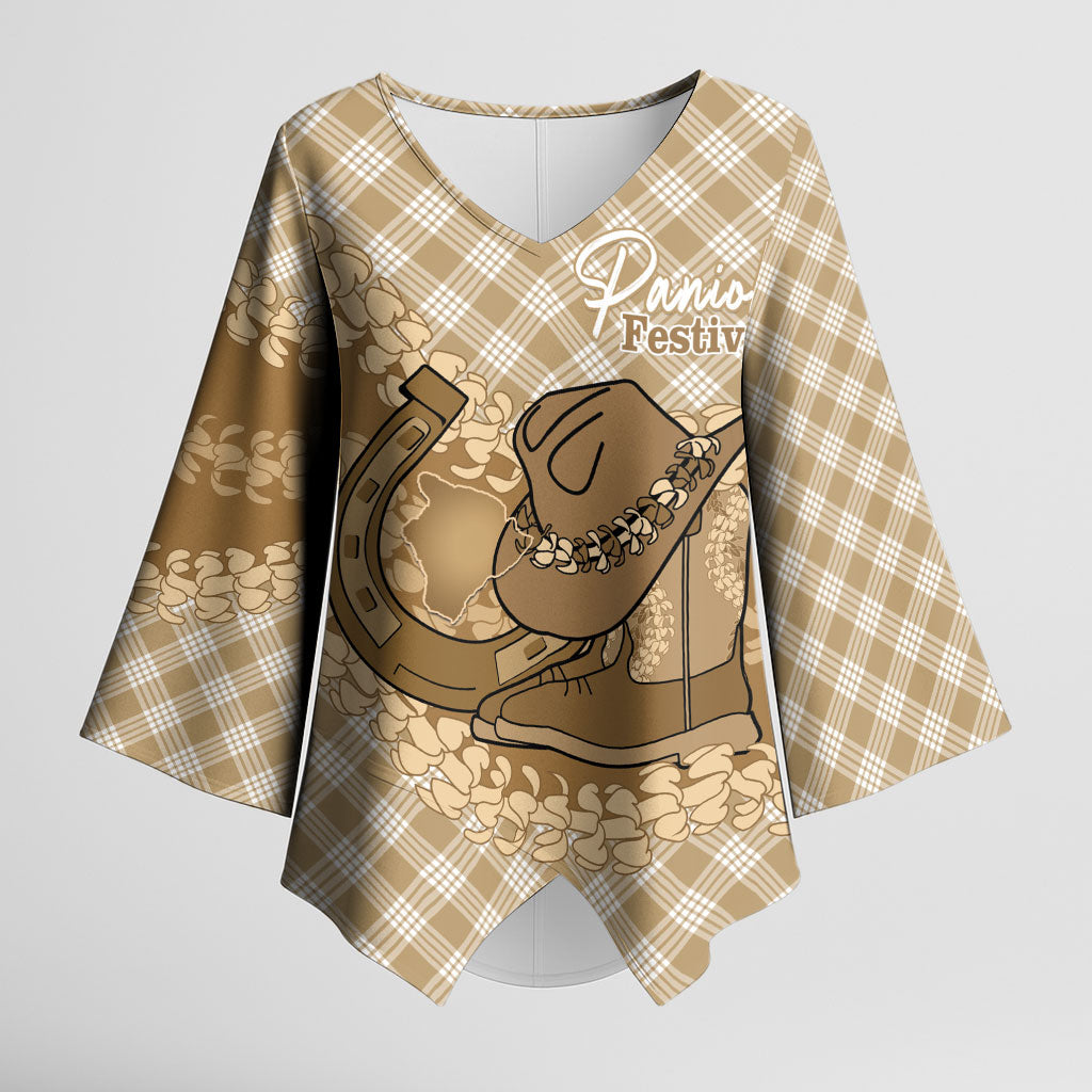 Makue Hawaii Cowboy Palaka Motifs Personalised Kimono Sleeve Blouse Paniolo Festival Puakenikeni Lei LT14 Female Brown - Polynesian Pride
