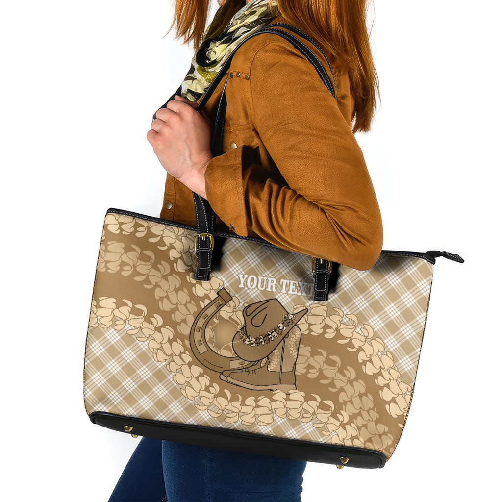 Makue Hawaii Cowboy Palaka Motifs Personalised Leather Tote Bag Paniolo Festival Puakenikeni Lei LT14 Brown - Polynesian Pride