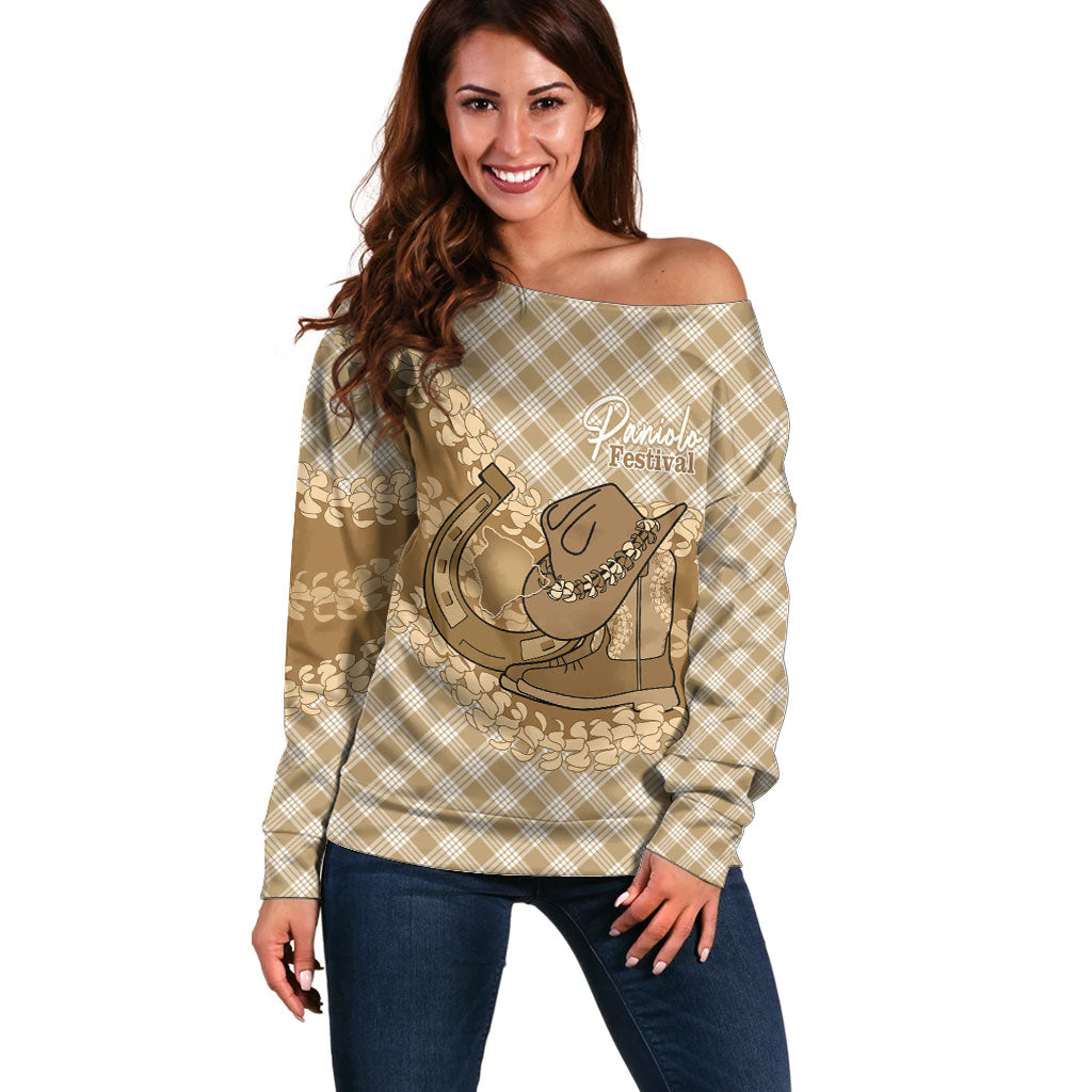 Makue Hawaii Cowboy Palaka Motifs Personalised Off Shoulder Sweater Paniolo Festival Puakenikeni Lei LT14 Women Brown - Polynesian Pride