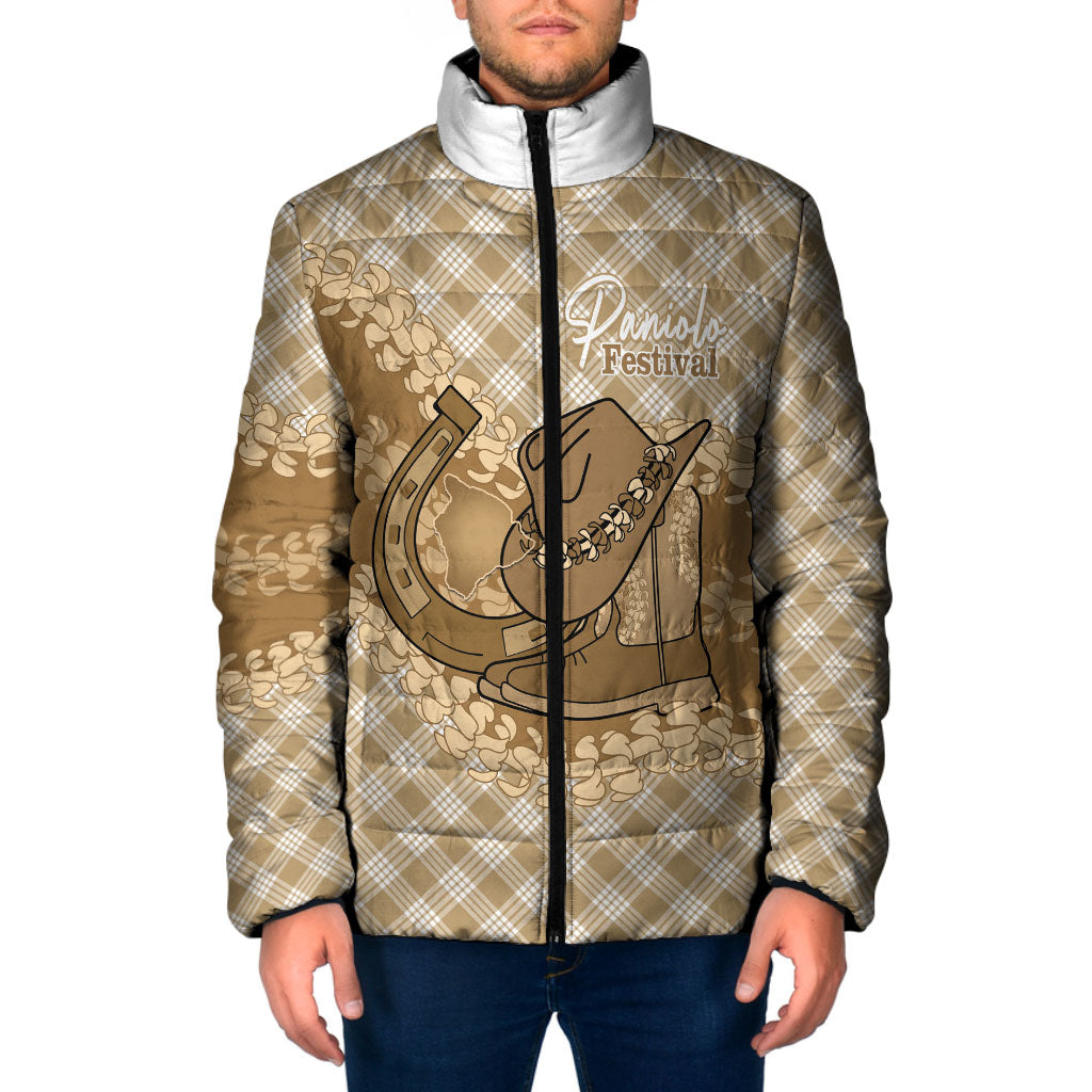 Makue Hawaii Cowboy Palaka Motifs Personalised Padded Jacket Paniolo Festival Puakenikeni Lei LT14 Men Brown - Polynesian Pride