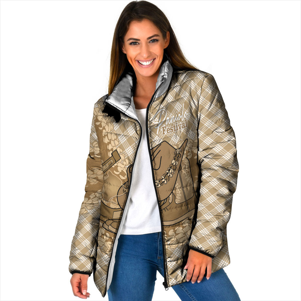 Makue Hawaii Cowboy Palaka Motifs Personalised Padded Jacket Paniolo Festival Puakenikeni Lei LT14 Women Brown - Polynesian Pride
