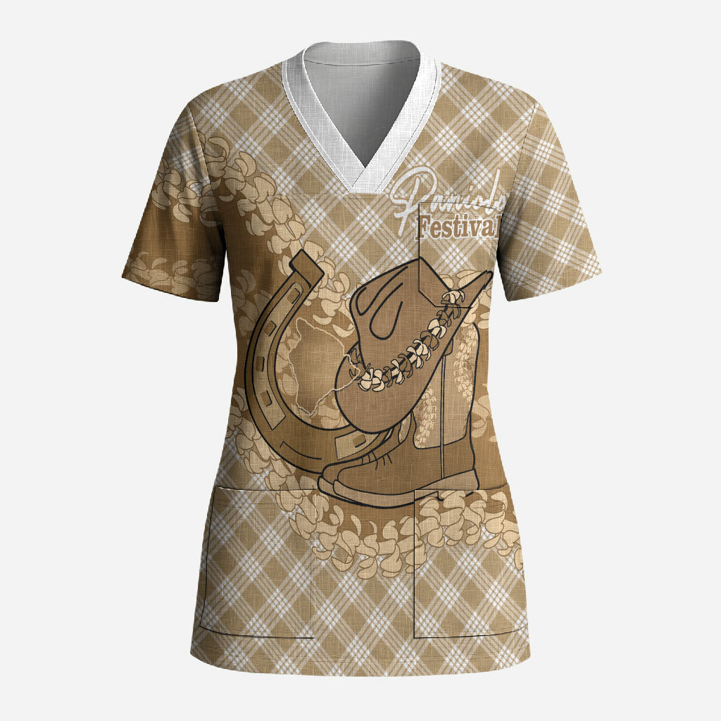 Makue Hawaii Cowboy Palaka Motifs Personalised Scrub Top Paniolo Festival Puakenikeni Lei LT14 Adult Brown - Polynesian Pride