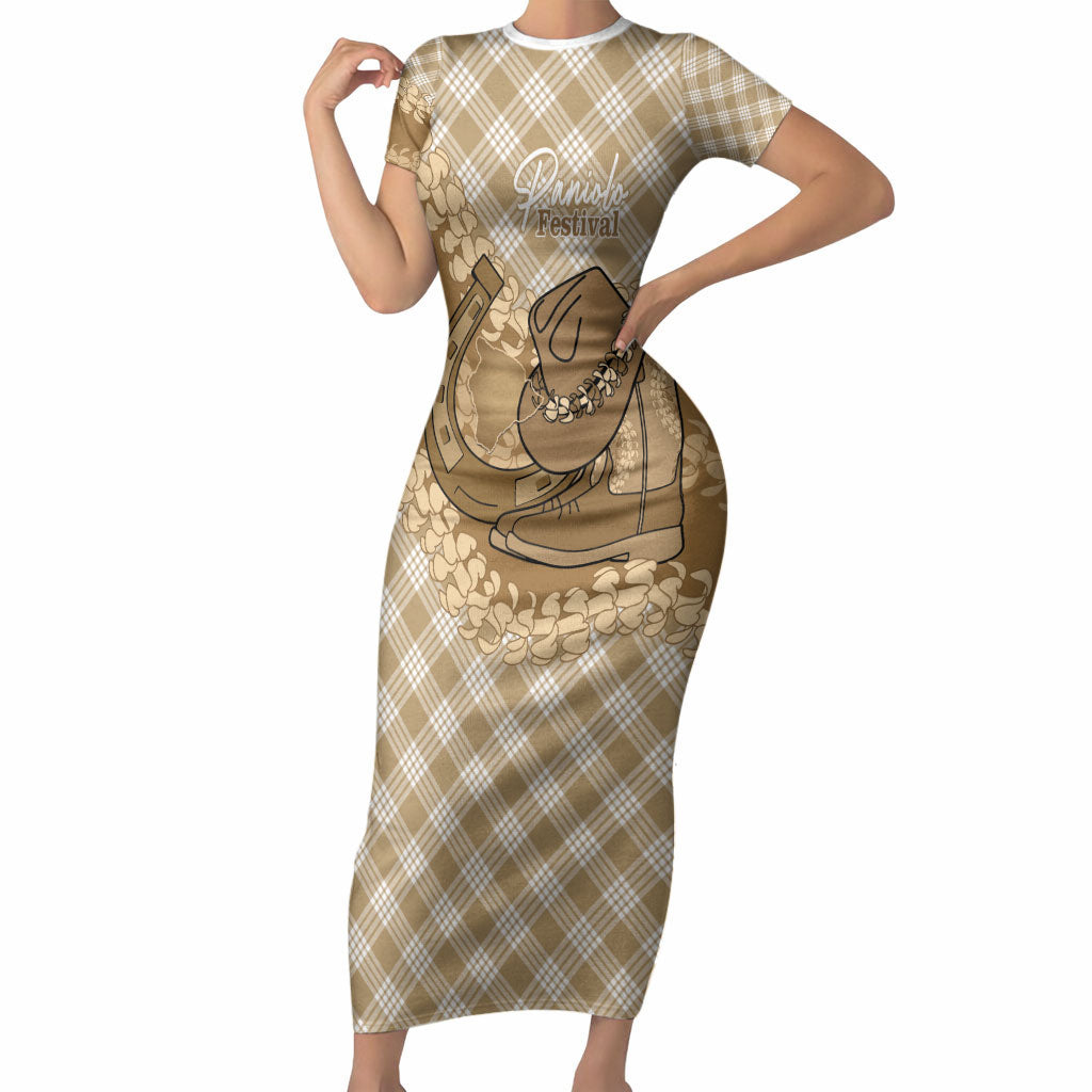 Makue Hawaii Cowboy Palaka Motifs Personalised Short Sleeve Bodycon Dress Paniolo Festival Puakenikeni Lei LT14 Long Dress Brown - Polynesian Pride