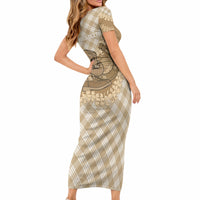 Makue Hawaii Cowboy Palaka Motifs Personalised Short Sleeve Bodycon Dress Paniolo Festival Puakenikeni Lei LT14 - Polynesian Pride
