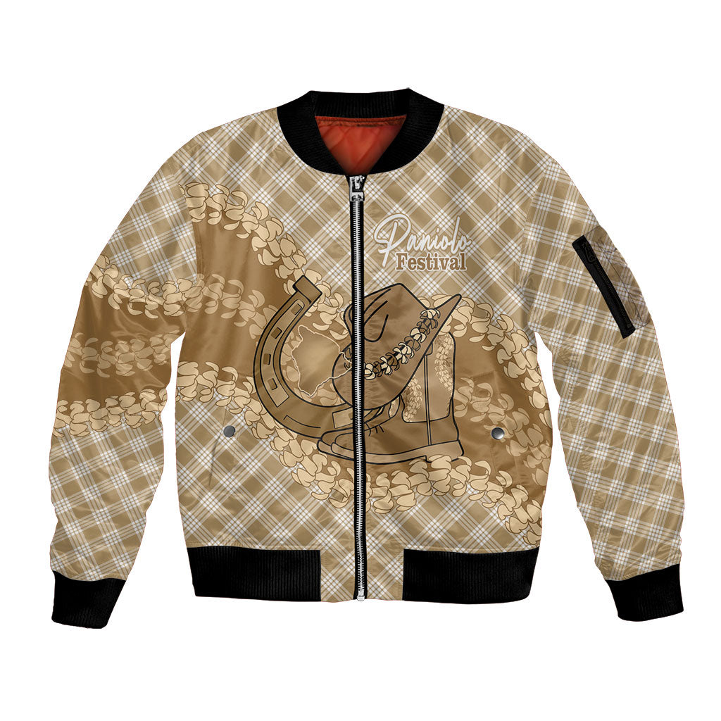 Makue Hawaii Cowboy Palaka Motifs Personalised Sleeve Zip Bomber Jacket Paniolo Festival Puakenikeni Lei LT14 Unisex Brown - Polynesian Pride