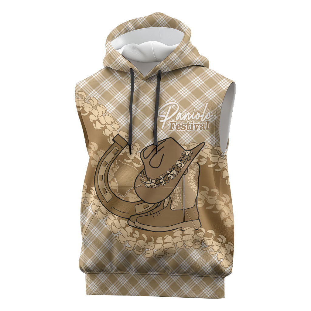 Makue Hawaii Cowboy Palaka Motifs Personalised Sleeveless Hoodie Paniolo Festival Puakenikeni Lei LT14 Brown - Polynesian Pride