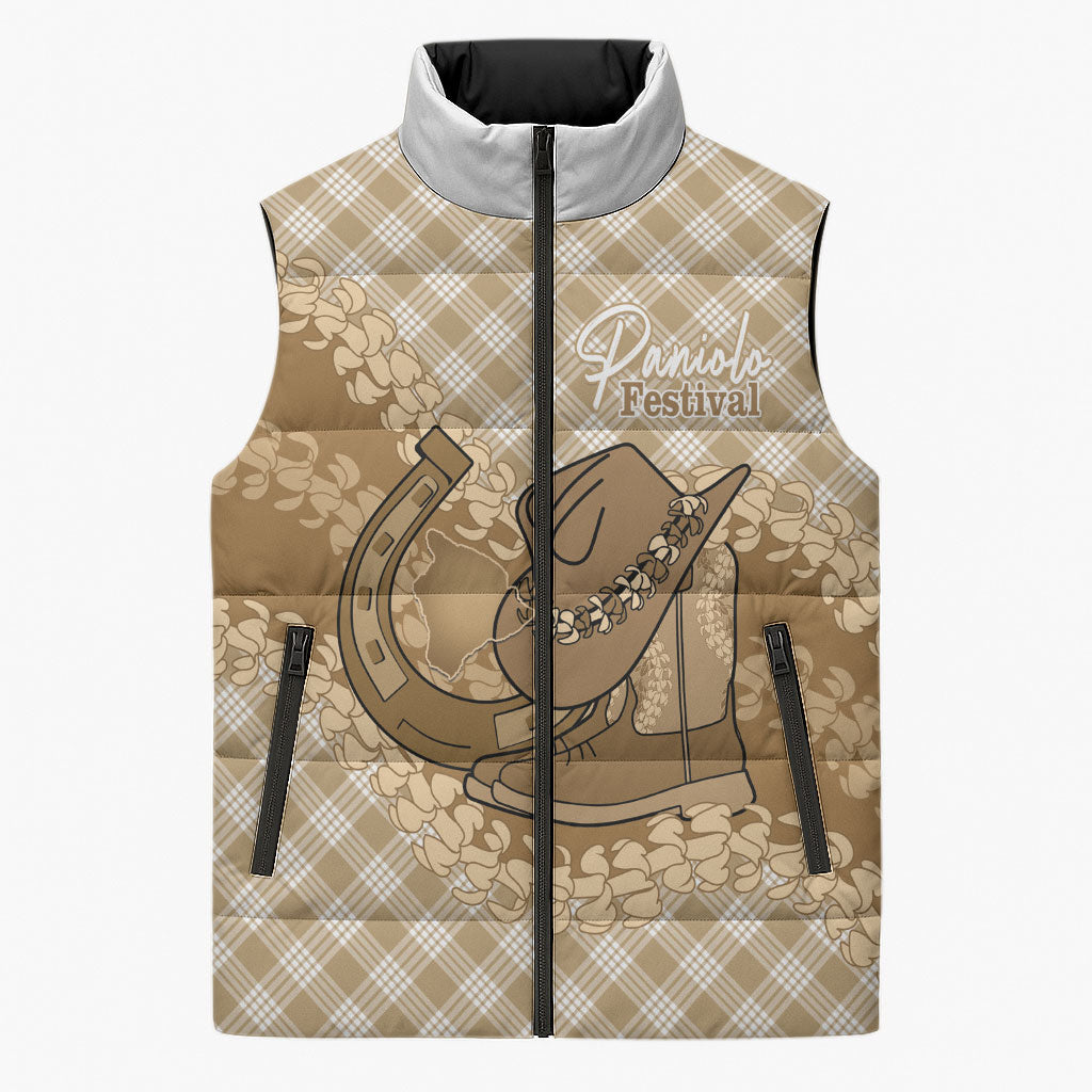 Makue Hawaii Cowboy Palaka Motifs Personalised Sleeveless Puffer Jacket Paniolo Festival Puakenikeni Lei