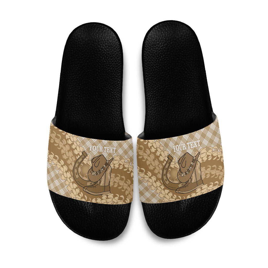 Makue Hawaii Cowboy Palaka Motifs Personalised Slide Sandals Paniolo Festival Puakenikeni Lei LT14 Brown - Polynesian Pride
