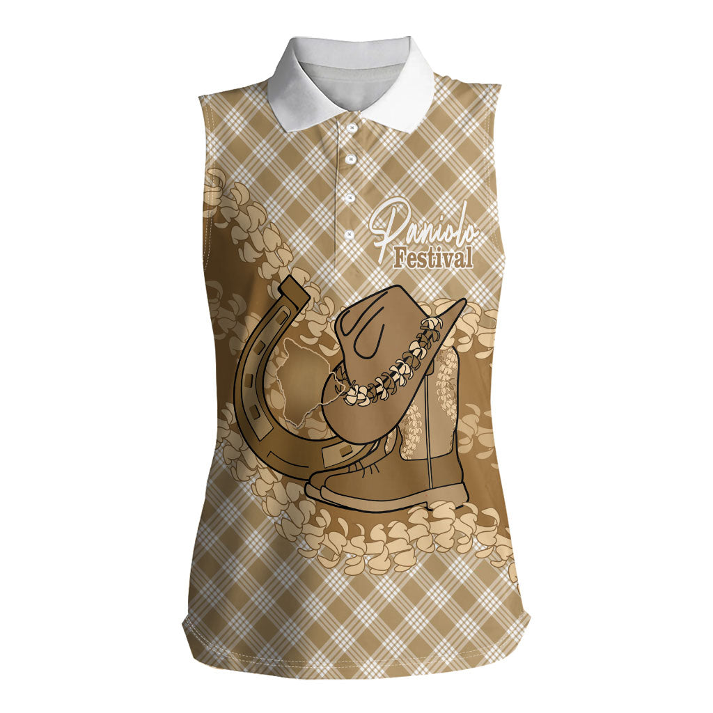 Makue Hawaii Cowboy Palaka Motifs Personalised Women Sleeveless Polo Shirt Paniolo Festival Puakenikeni Lei LT14 Female Brown - Polynesian Pride