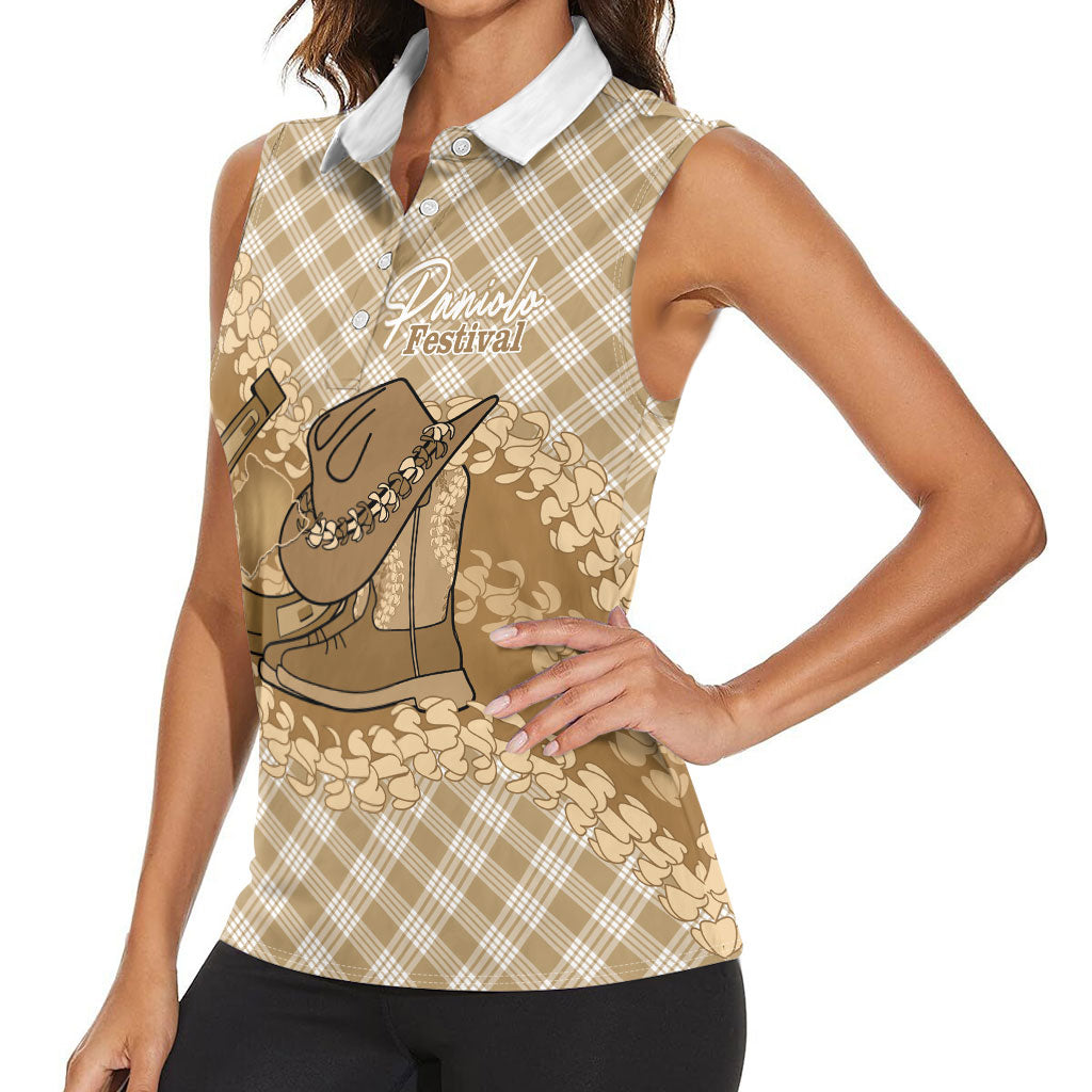 Makue Hawaii Cowboy Palaka Motifs Personalised Women Sleeveless Polo Shirt Paniolo Festival Puakenikeni Lei LT14 - Polynesian Pride