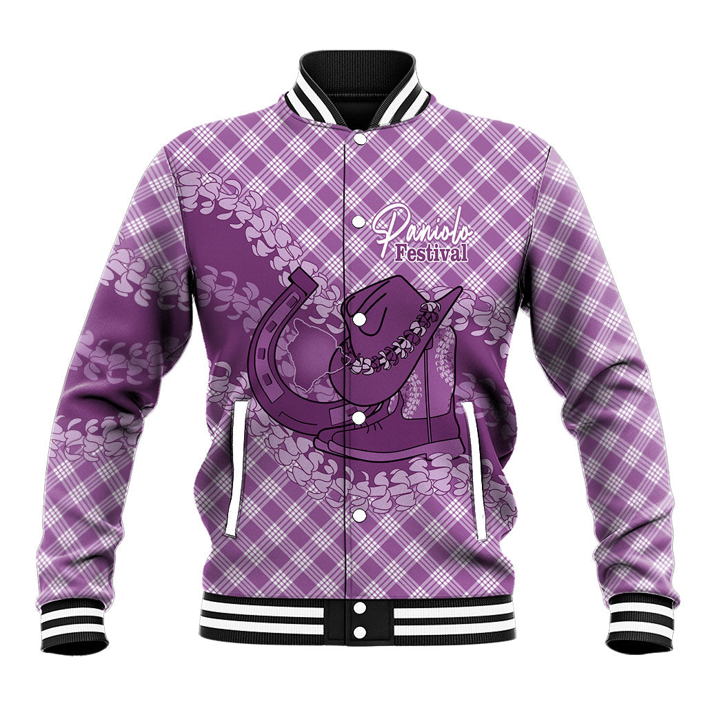 Poni Hawaii Cowboy Palaka Motifs Personalised Baseball Jacket Paniolo Festival Puakenikeni Lei LT14 Unisex Purple - Polynesian Pride