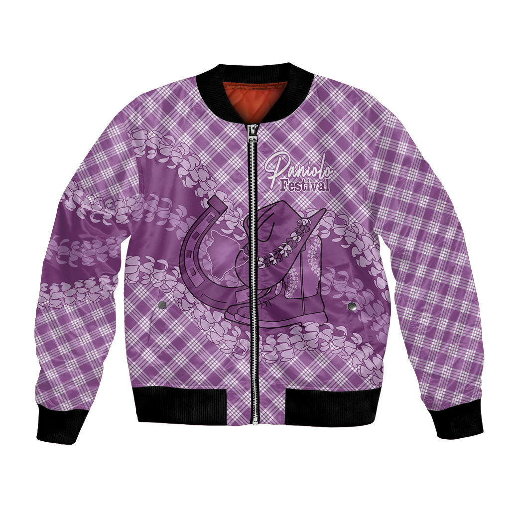 Poni Hawaii Cowboy Palaka Motifs Personalised Bomber Jacket Paniolo Festival Puakenikeni Lei LT14 Unisex Purple - Polynesian Pride