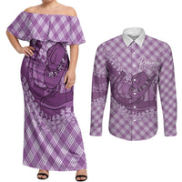 Poni Hawaii Cowboy Palaka Motifs Personalised Couples Matching Off Shoulder Maxi Dress and Long Sleeve Button Shirt Paniolo Festival Puakenikeni Lei LT14 Purple - Polynesian Pride