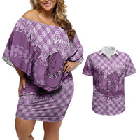 Poni Hawaii Cowboy Palaka Motifs Personalised Couples Matching Off Shoulder Short Dress and Hawaiian Shirt Paniolo Festival Puakenikeni Lei LT14 Purple - Polynesian Pride