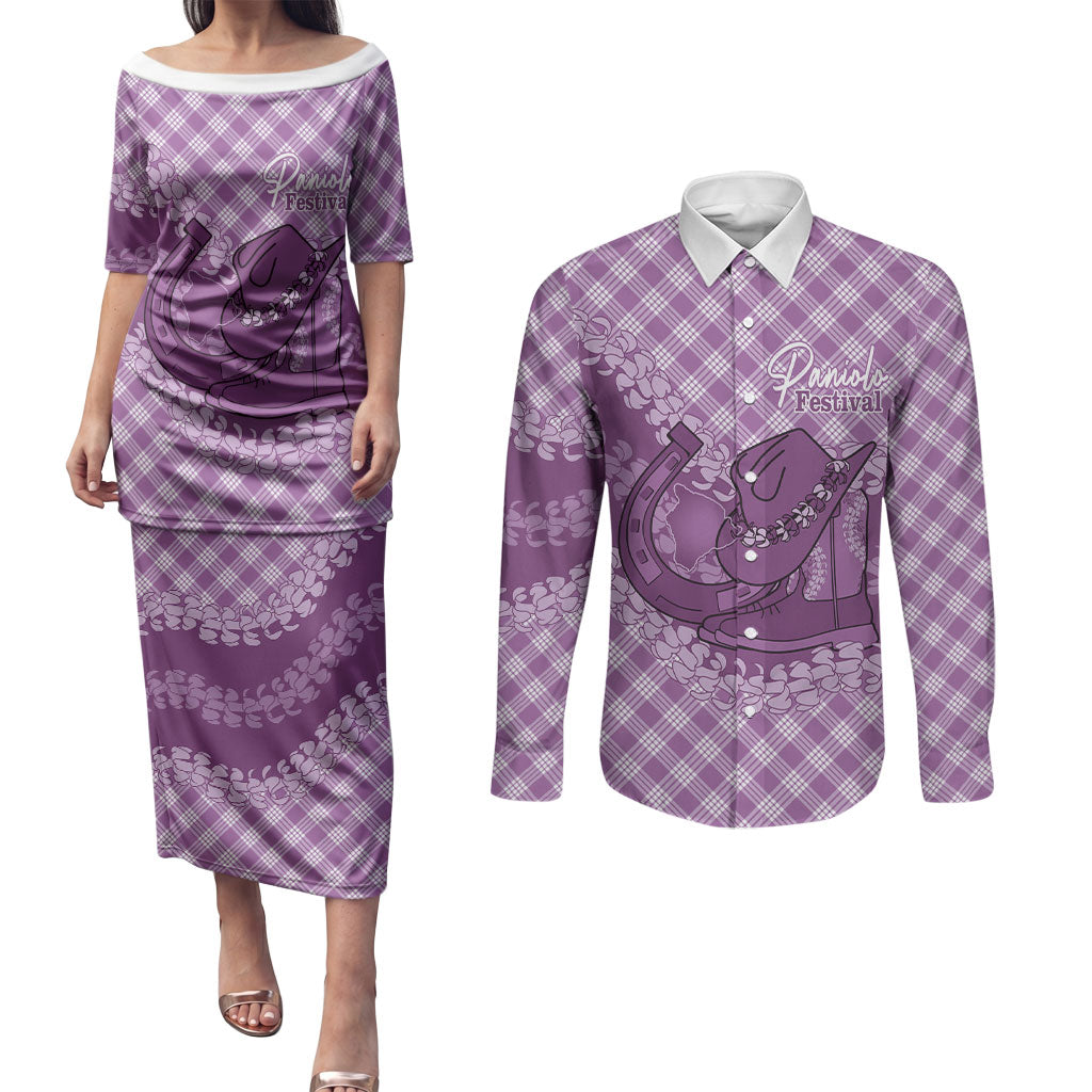 Poni Hawaii Cowboy Palaka Motifs Personalised Couples Matching Puletasi and Long Sleeve Button Shirt Paniolo Festival Puakenikeni Lei LT14 Purple - Polynesian Pride