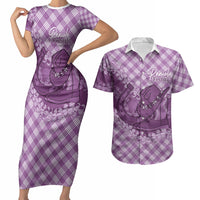 Poni Hawaii Cowboy Palaka Motifs Personalised Couples Matching Short Sleeve Bodycon Dress and Hawaiian Shirt Paniolo Festival Puakenikeni Lei LT14 Purple - Polynesian Pride