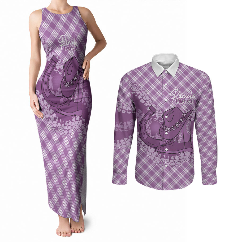 Poni Hawaii Cowboy Palaka Motifs Personalised Couples Matching Tank Maxi Dress and Long Sleeve Button Shirt Paniolo Festival Puakenikeni Lei LT14 Purple - Polynesian Pride