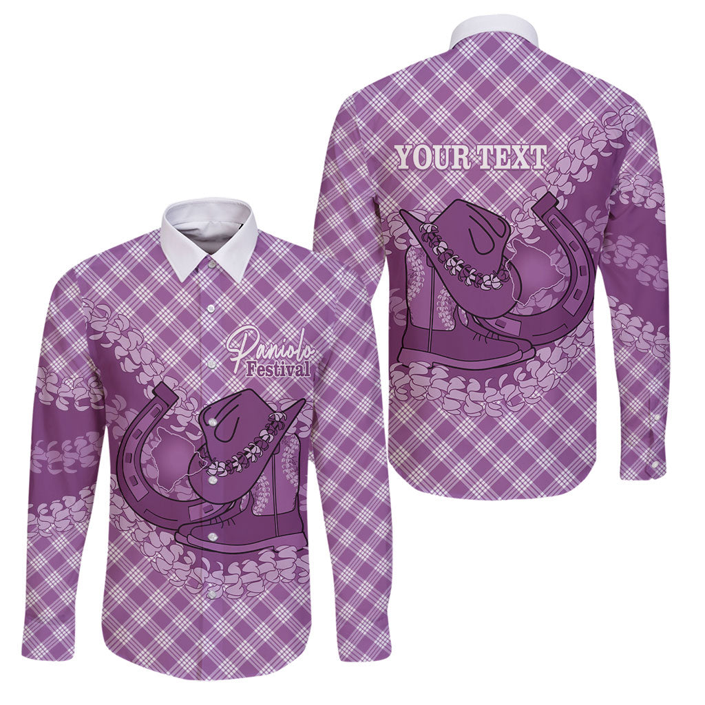 Poni Hawaii Cowboy Palaka Motifs Personalised Family Matching Off Shoulder Maxi Dress and Hawaiian Shirt Paniolo Festival Puakenikeni Lei LT14 Dad's Shirt - Long Sleeve Purple - Polynesian Pride