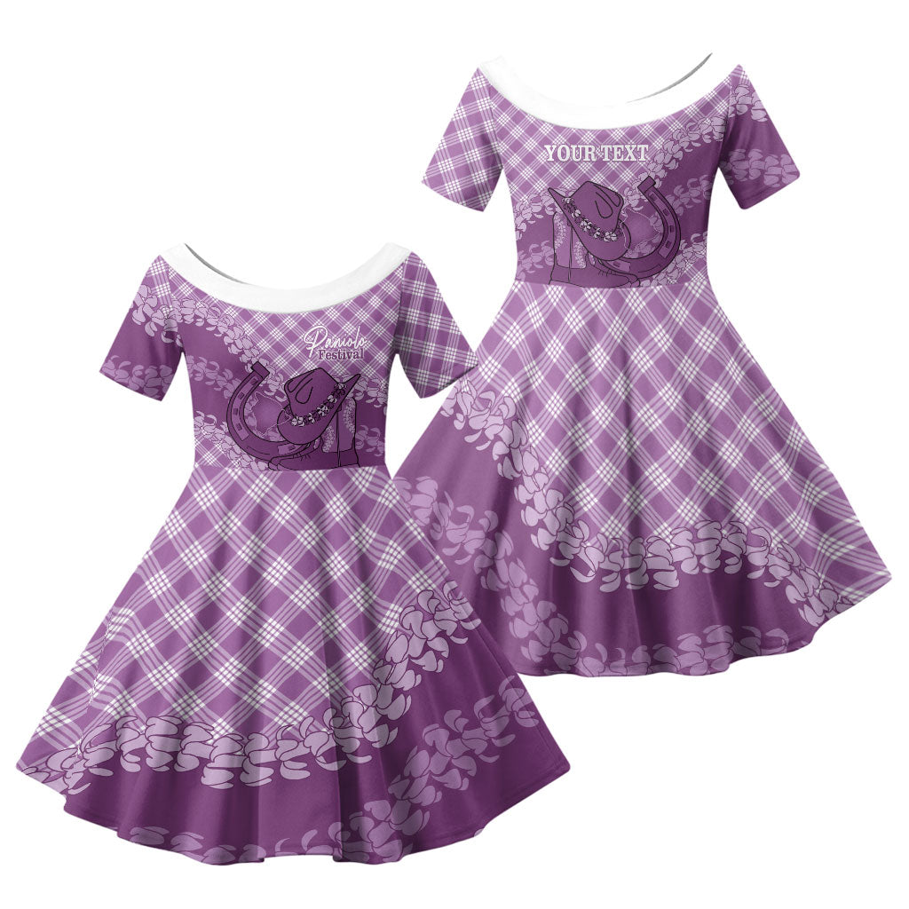Poni Hawaii Cowboy Palaka Motifs Personalised Family Matching Puletasi and Hawaiian Shirt Paniolo Festival Puakenikeni Lei LT14 Daughter's Dress Purple - Polynesian Pride