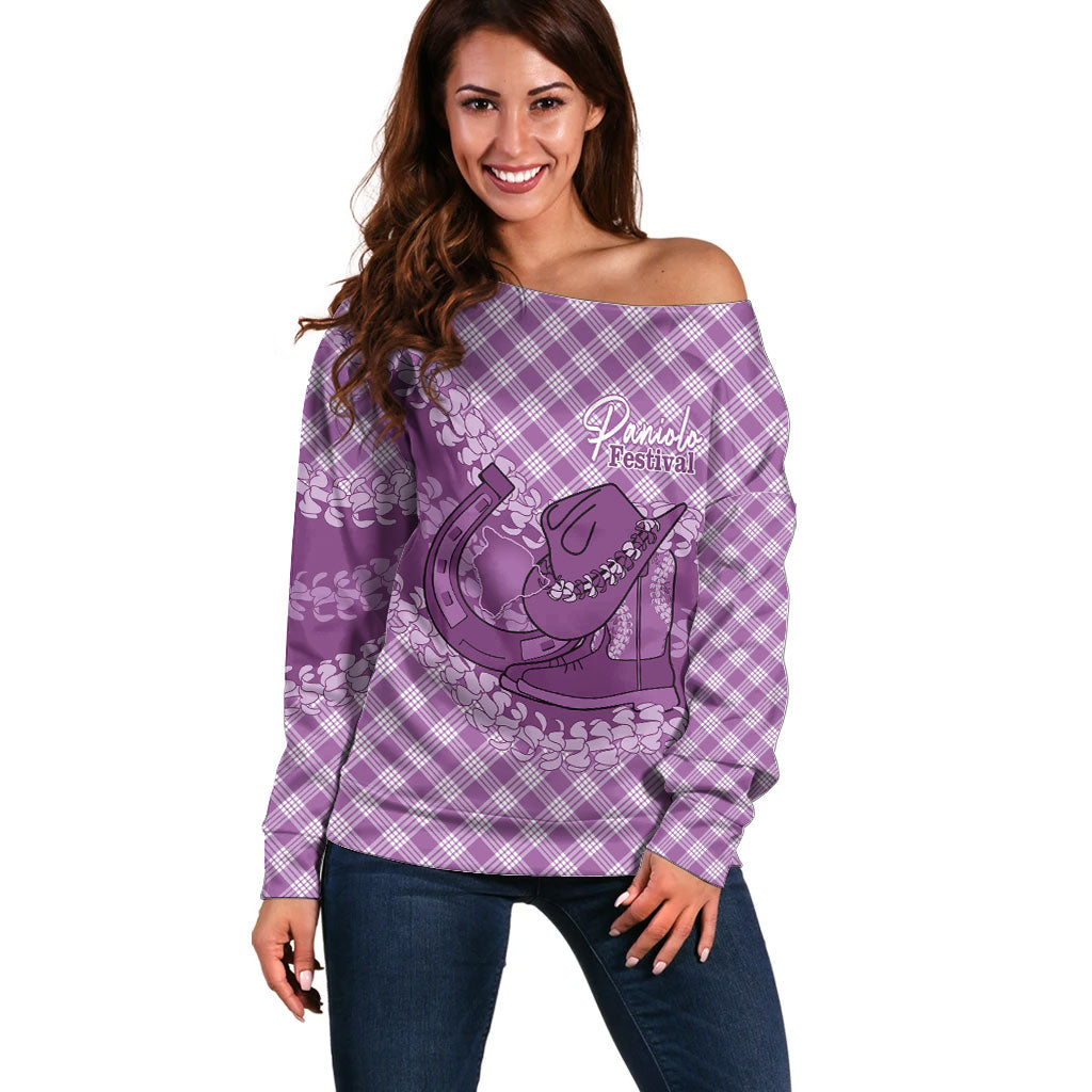 Poni Hawaii Cowboy Palaka Motifs Personalised Off Shoulder Sweater Paniolo Festival Puakenikeni Lei LT14 Women Purple - Polynesian Pride