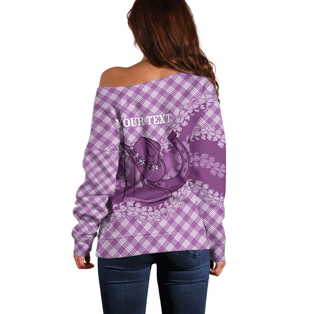 Poni Hawaii Cowboy Palaka Motifs Personalised Off Shoulder Sweater Paniolo Festival Puakenikeni Lei LT14 - Polynesian Pride
