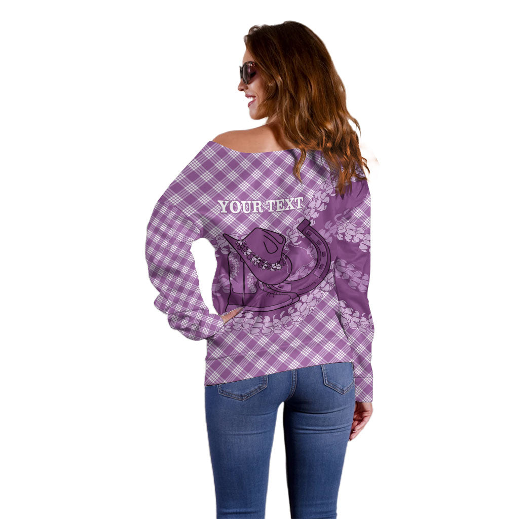 Poni Hawaii Cowboy Palaka Motifs Personalised Off Shoulder Sweater Paniolo Festival Puakenikeni Lei LT14 - Polynesian Pride