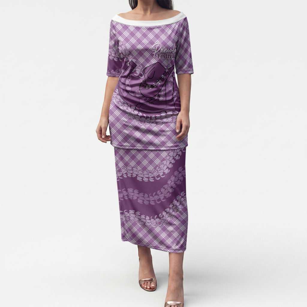 Poni Hawaii Cowboy Palaka Motifs Personalised Puletasi Paniolo Festival Puakenikeni Lei LT14 Long Dress Purple - Polynesian Pride