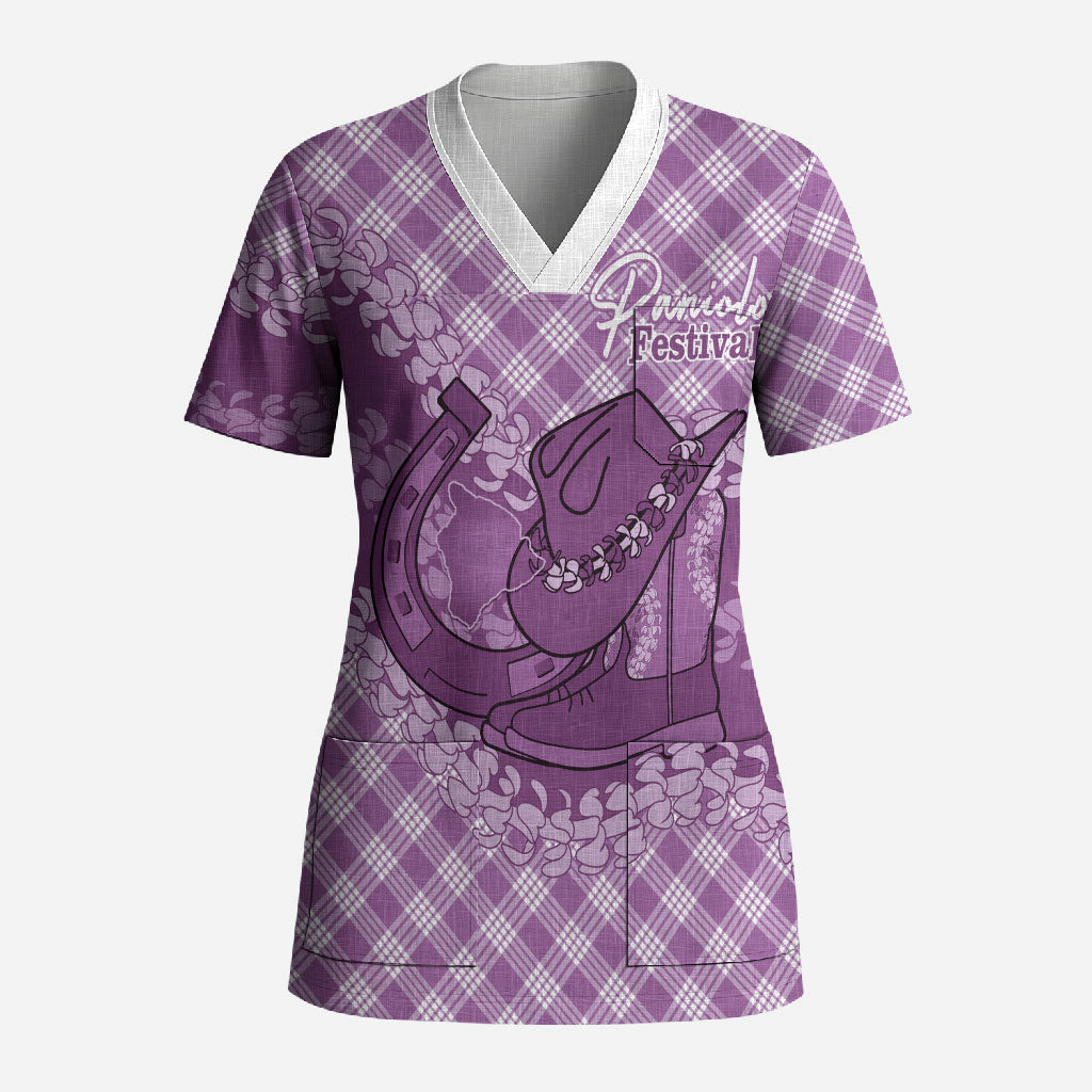 Poni Hawaii Cowboy Palaka Motifs Personalised Scrub Top Paniolo Festival Puakenikeni Lei LT14 Adult Purple - Polynesian Pride