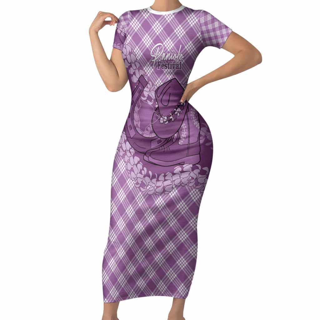 Poni Hawaii Cowboy Palaka Motifs Personalised Short Sleeve Bodycon Dress Paniolo Festival Puakenikeni Lei LT14 Long Dress Purple - Polynesian Pride
