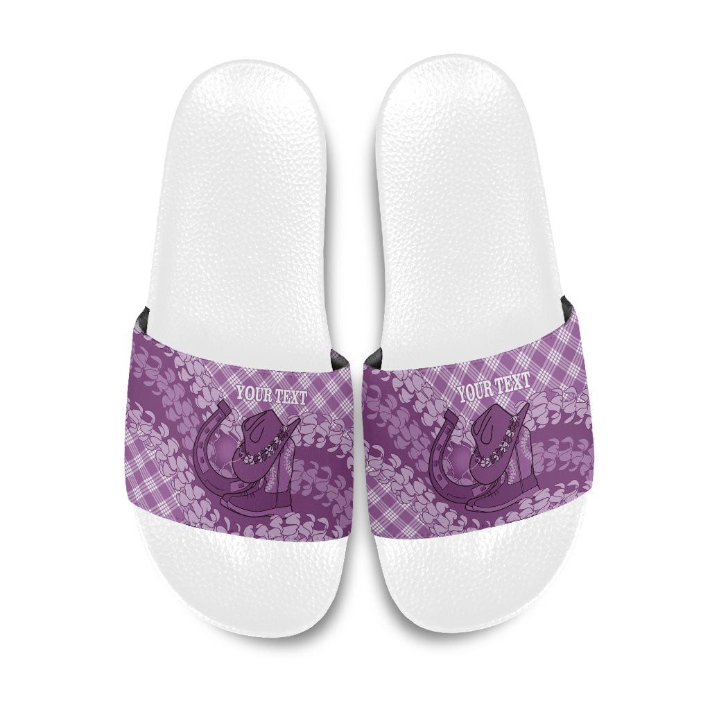 Poni Hawaii Cowboy Palaka Motifs Personalised Slide Sandals Paniolo Festival Puakenikeni Lei LT14 Purple - Polynesian Pride