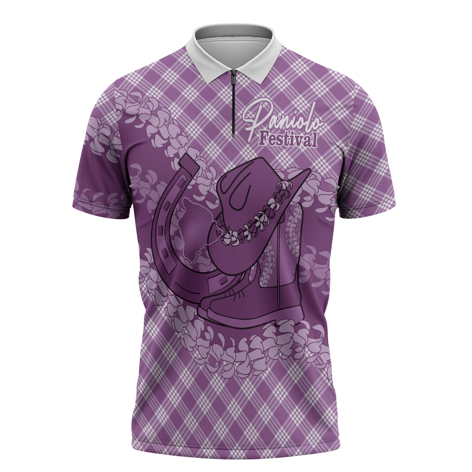 Poni Hawaii Cowboy Palaka Motifs Personalised Zipper Polo Shirt Paniolo Festival Puakenikeni Lei LT14 Purple - Polynesian Pride