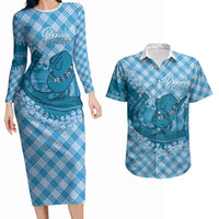 Polu Hawaii Cowboy Palaka Motifs Personalised Couples Matching Long Sleeve Bodycon Dress and Hawaiian Shirt Paniolo Festival Puakenikeni Lei LT14 Blue - Polynesian Pride
