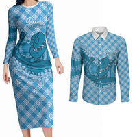 Polu Hawaii Cowboy Palaka Motifs Personalised Couples Matching Long Sleeve Bodycon Dress and Long Sleeve Button Shirt Paniolo Festival Puakenikeni Lei LT14 Blue - Polynesian Pride