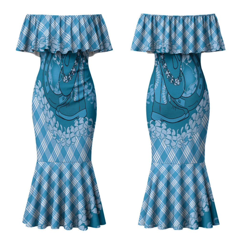 Polu Hawaii Cowboy Palaka Motifs Personalised Couples Matching Mermaid Dress and Long Sleeve Button Shirt Paniolo Festival Puakenikeni Lei LT14 - Polynesian Pride