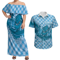 Polu Hawaii Cowboy Palaka Motifs Personalised Couples Matching Off Shoulder Maxi Dress and Hawaiian Shirt Paniolo Festival Puakenikeni Lei LT14 Blue - Polynesian Pride