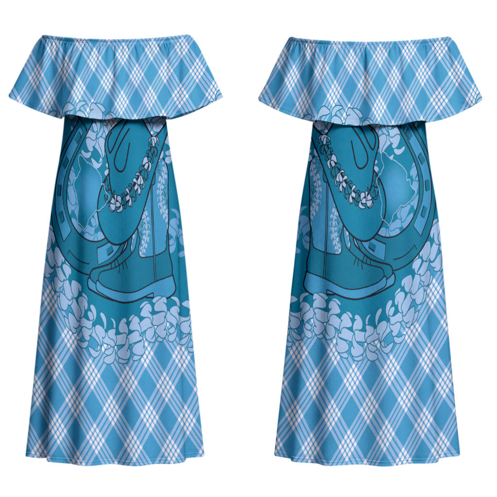 Polu Hawaii Cowboy Palaka Motifs Personalised Couples Matching Off Shoulder Maxi Dress and Hawaiian Shirt Paniolo Festival Puakenikeni Lei LT14 - Polynesian Pride