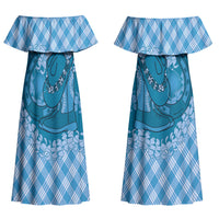 Polu Hawaii Cowboy Palaka Motifs Personalised Couples Matching Off Shoulder Maxi Dress and Long Sleeve Button Shirt Paniolo Festival Puakenikeni Lei LT14 - Polynesian Pride