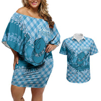 Polu Hawaii Cowboy Palaka Motifs Personalised Couples Matching Off Shoulder Short Dress and Hawaiian Shirt Paniolo Festival Puakenikeni Lei LT14 Blue - Polynesian Pride