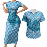 Polu Hawaii Cowboy Palaka Motifs Personalised Couples Matching Short Sleeve Bodycon Dress and Hawaiian Shirt Paniolo Festival Puakenikeni Lei LT14 Blue - Polynesian Pride