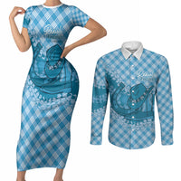 Polu Hawaii Cowboy Palaka Motifs Personalised Couples Matching Short Sleeve Bodycon Dress and Long Sleeve Button Shirt Paniolo Festival Puakenikeni Lei LT14 Blue - Polynesian Pride