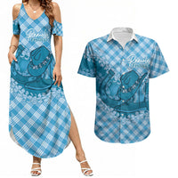 Polu Hawaii Cowboy Palaka Motifs Personalised Couples Matching Summer Maxi Dress and Hawaiian Shirt Paniolo Festival Puakenikeni Lei LT14 Blue - Polynesian Pride
