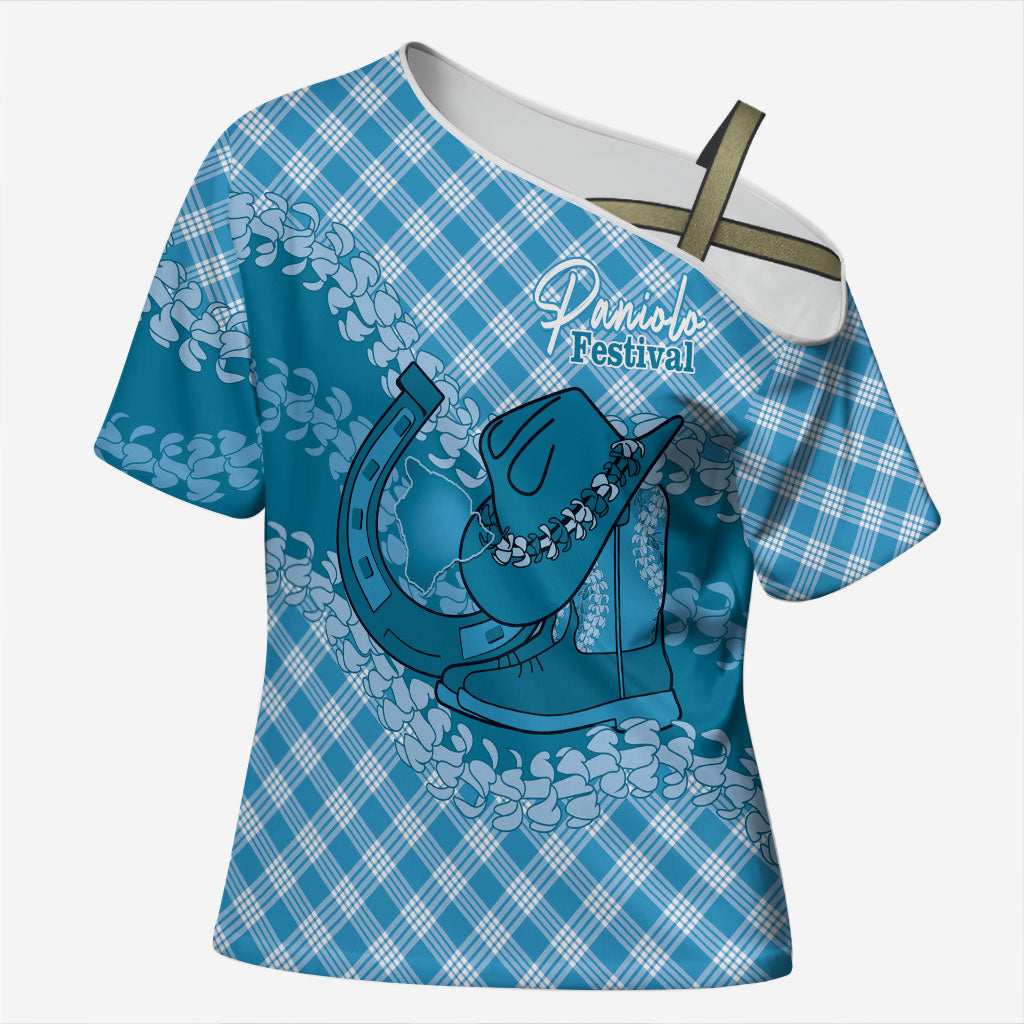 Polu Hawaii Cowboy Palaka Motifs Personalised Cross Shoulder Shirt Paniolo Festival Puakenikeni Lei LT14 Female Blue - Polynesian Pride