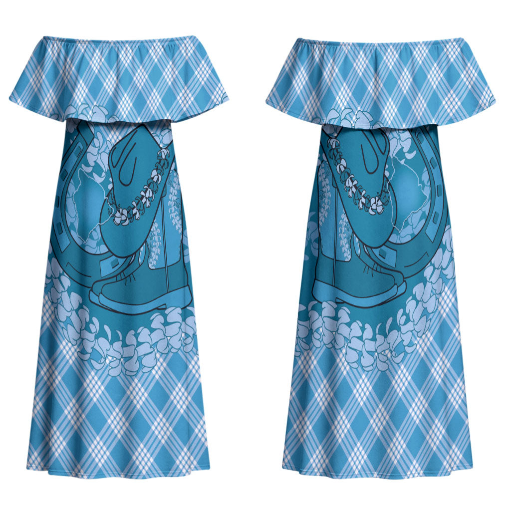 Polu Hawaii Cowboy Palaka Motifs Personalised Family Matching Off Shoulder Maxi Dress and Hawaiian Shirt Paniolo Festival Puakenikeni Lei LT14 Mom's Dress Blue - Polynesian Pride