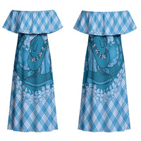 Polu Hawaii Cowboy Palaka Motifs Personalised Family Matching Off Shoulder Maxi Dress and Hawaiian Shirt Paniolo Festival Puakenikeni Lei LT14 Mom's Dress Blue - Polynesian Pride