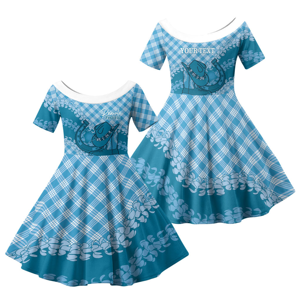 Polu Hawaii Cowboy Palaka Motifs Personalised Family Matching Off Shoulder Maxi Dress and Hawaiian Shirt Paniolo Festival Puakenikeni Lei LT14 Daughter's Dress Blue - Polynesian Pride